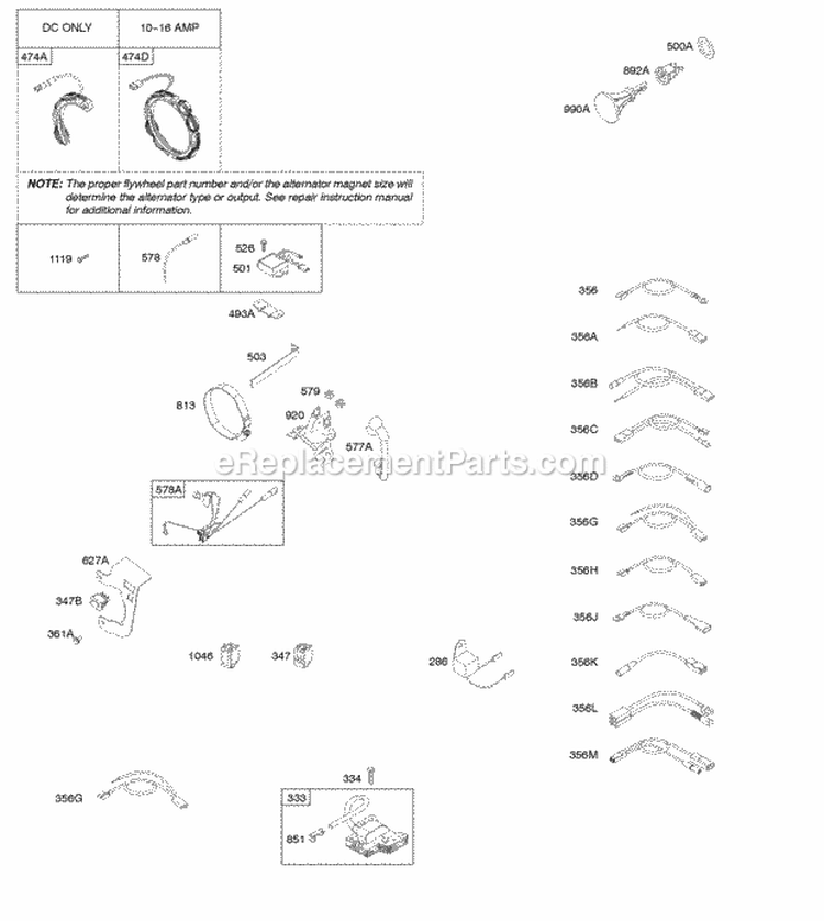Alternator Ignition Diagram and Parts List for 210332-0036-E9  Briggs and Stratton Engine